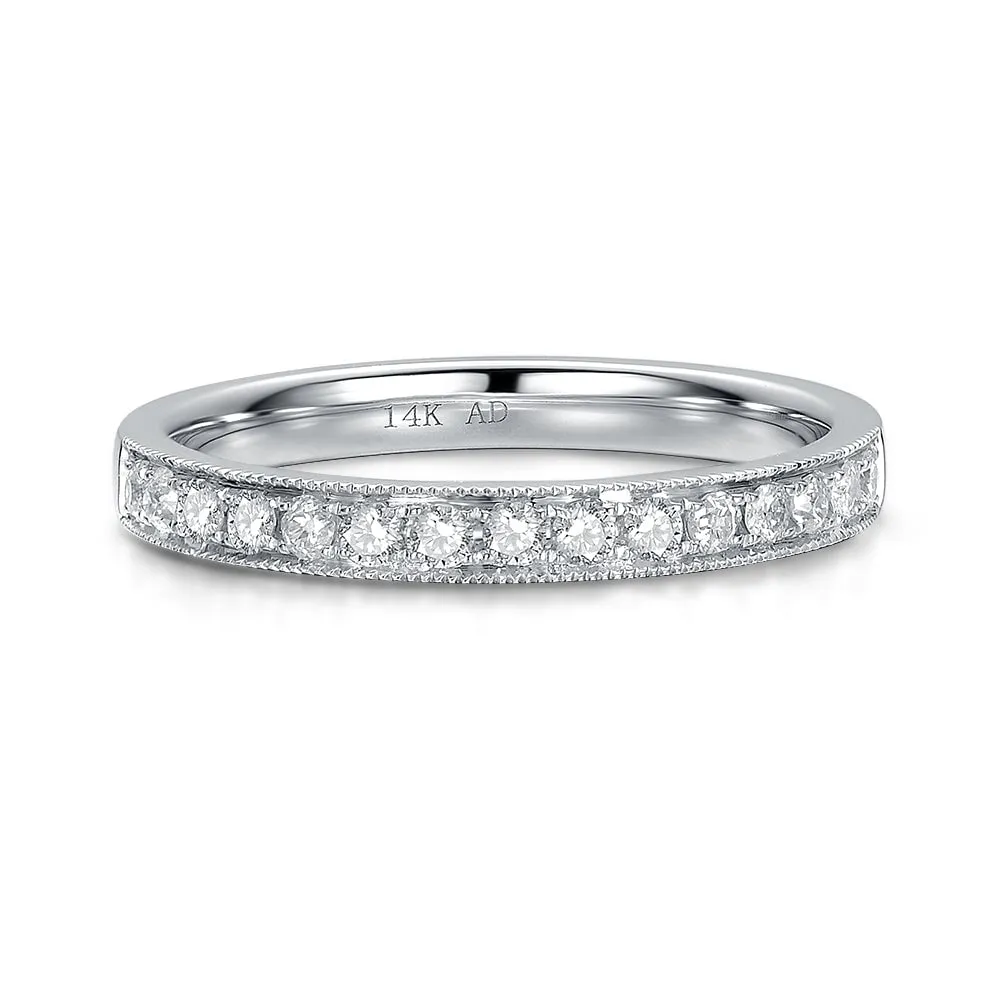 0.25ct Old Mine Cut Diamond Wedding Band with Hand Milgrain Edge 14K White Gold M5039