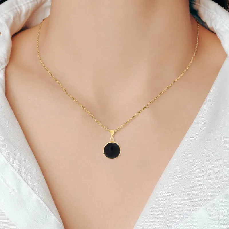 14K Yellow Gold Round Black Onyx 12mm Pendant