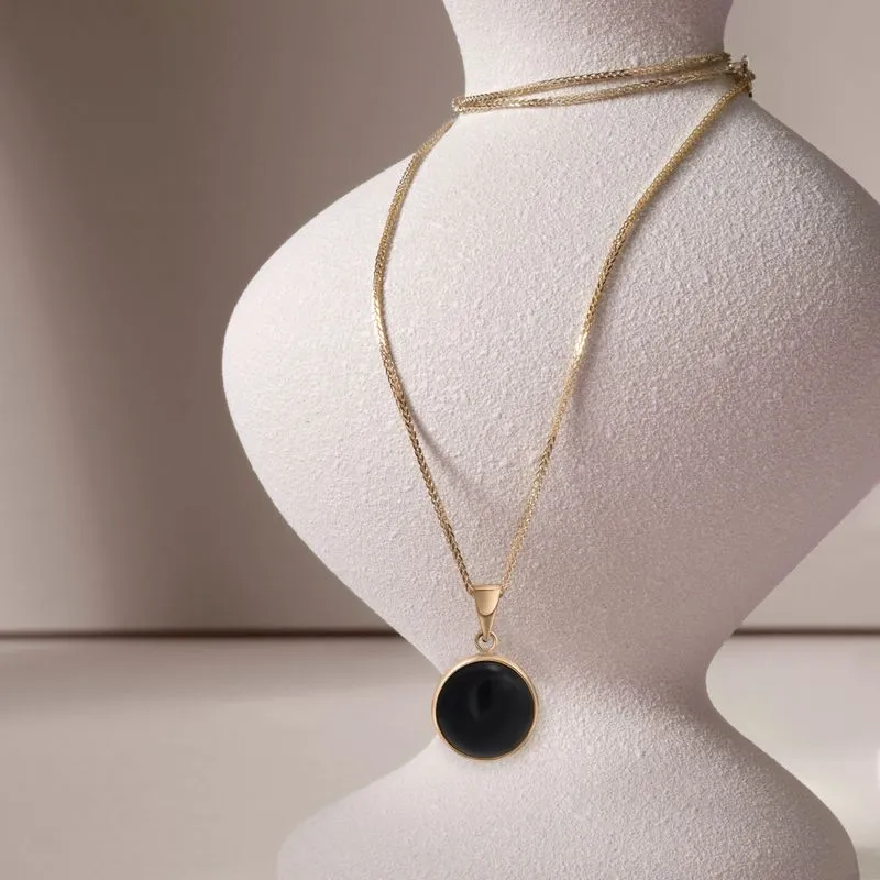 14K Yellow Gold Round Black Onyx 12mm Pendant