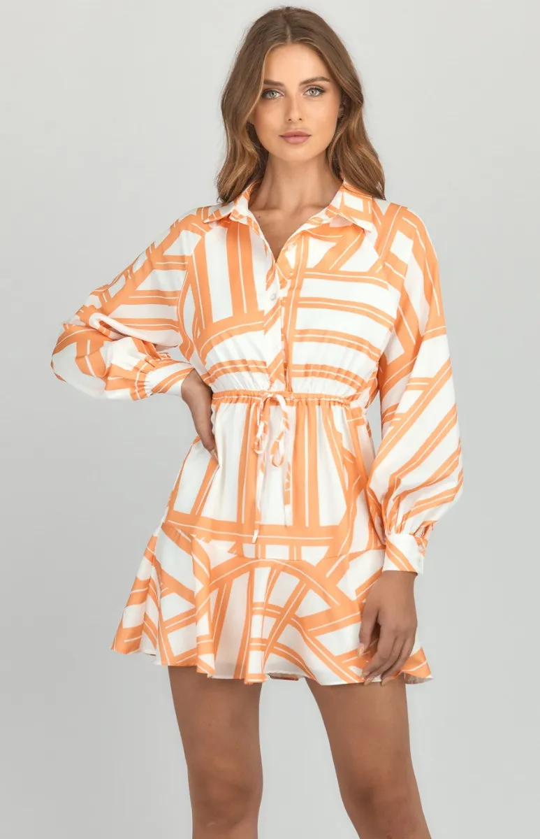 Abstract Printed Shirt Dress with Drawstring Waist (SDR1172B) 