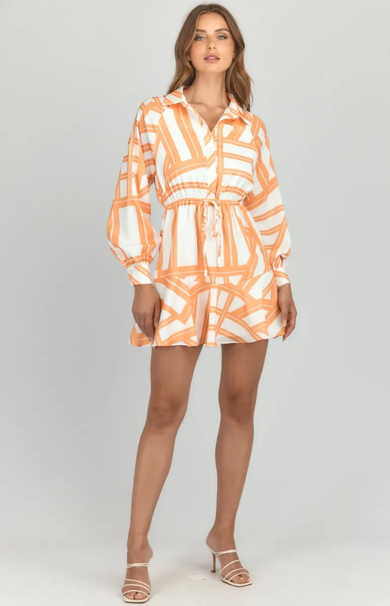 Abstract Printed Shirt Dress with Drawstring Waist (SDR1172B) 