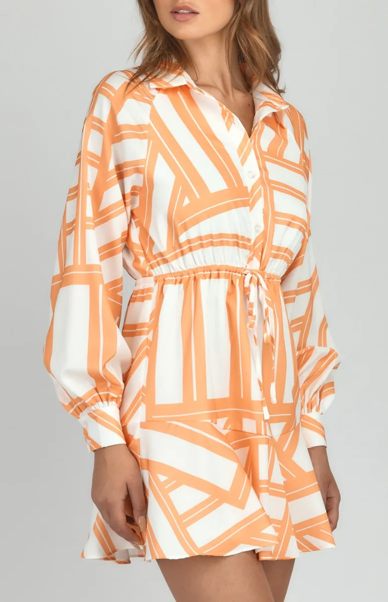 Abstract Printed Shirt Dress with Drawstring Waist (SDR1172B) 