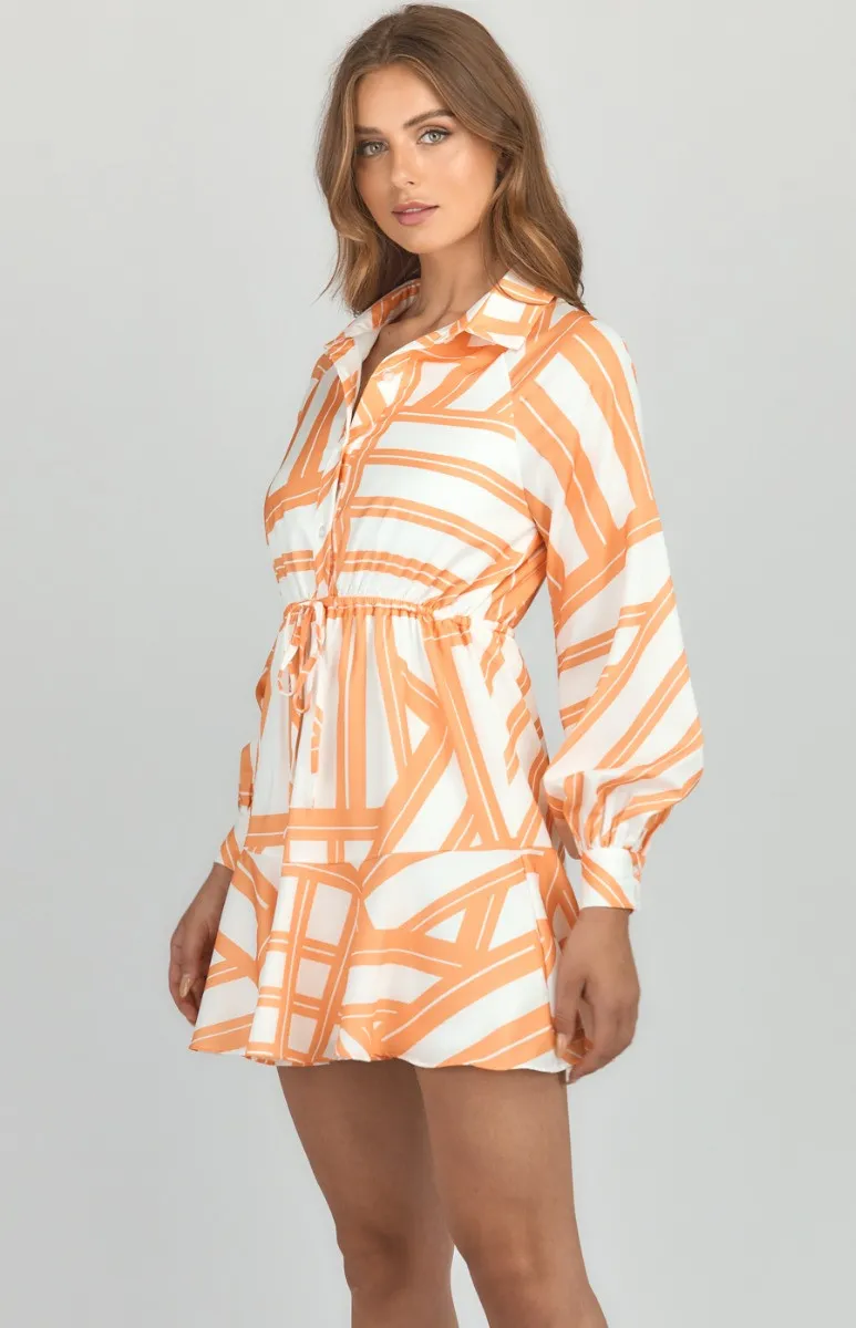 Abstract Printed Shirt Dress with Drawstring Waist (SDR1172B) 