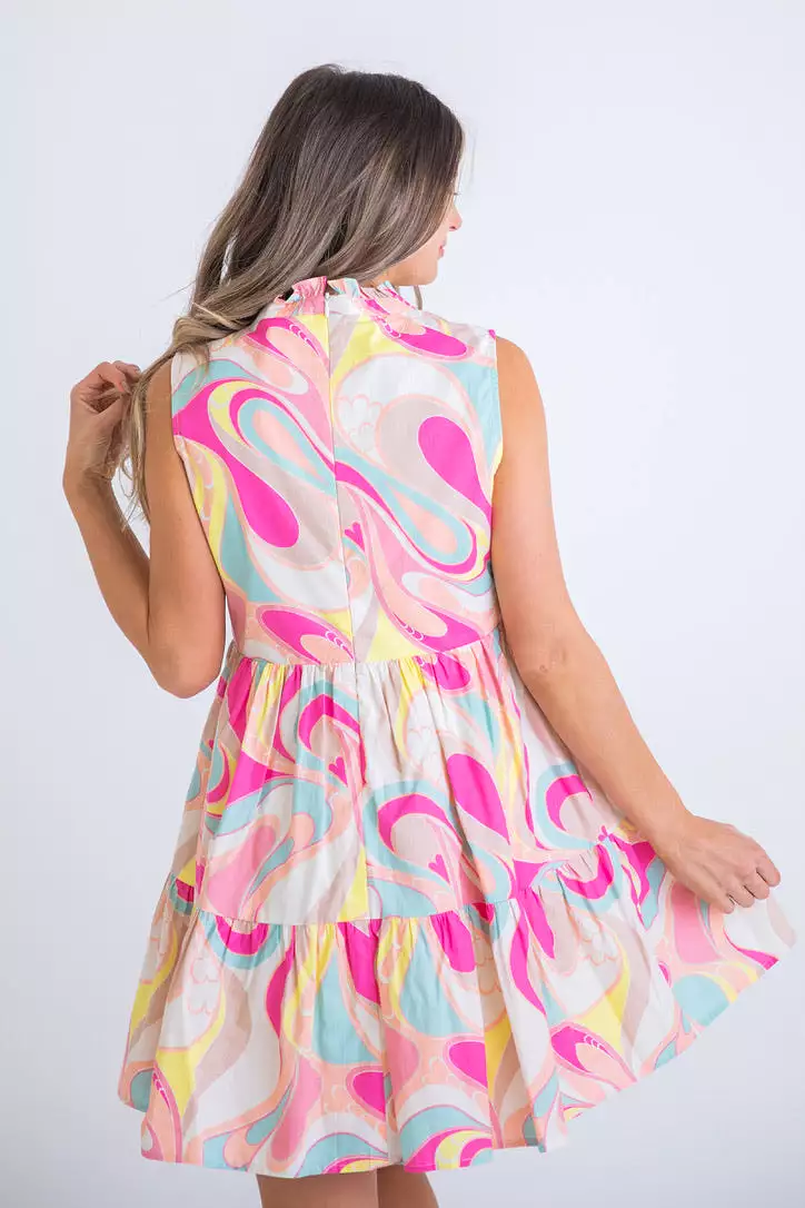 Abstract Puff Sleeve Dress