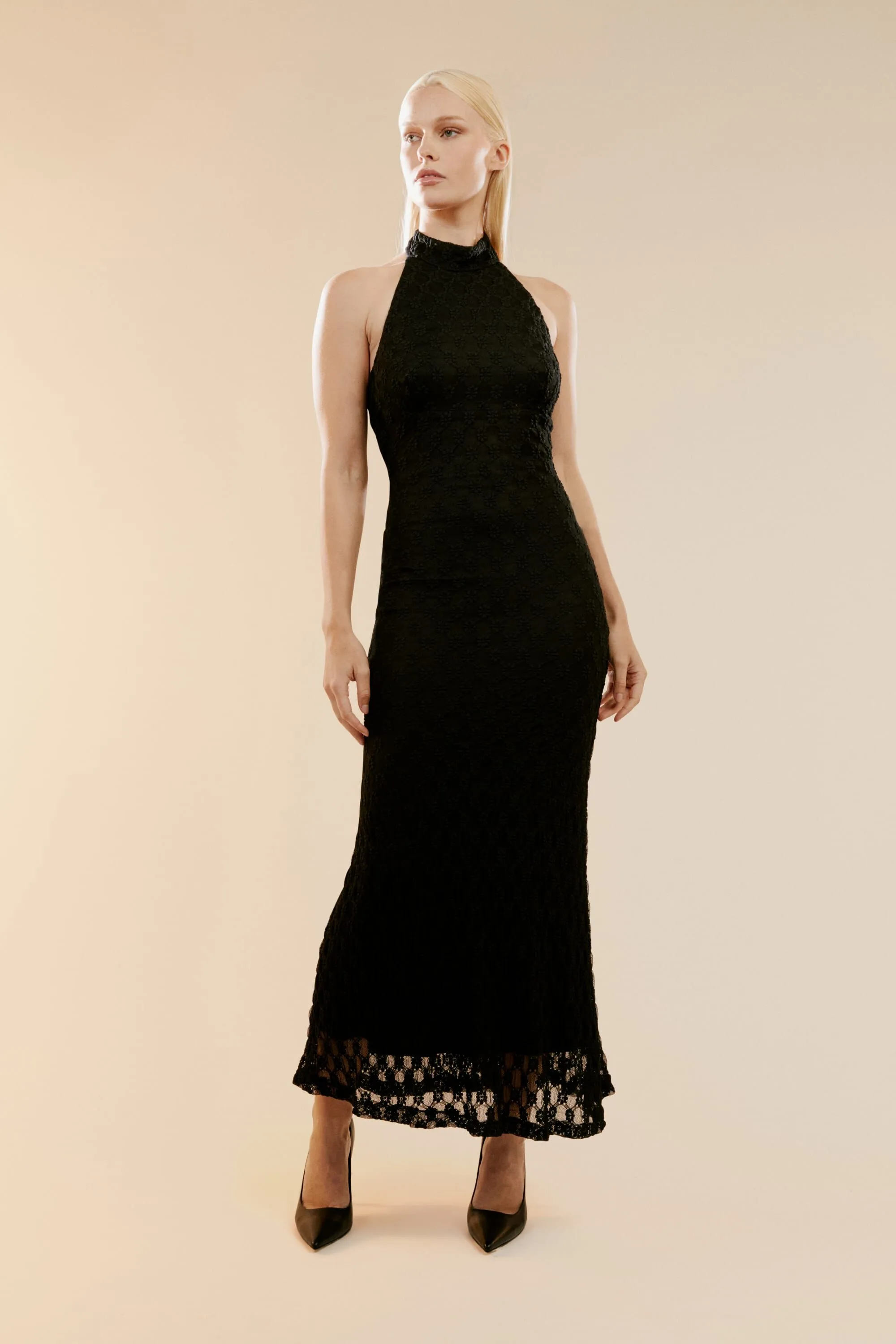 adoni ola lace midi dress in black