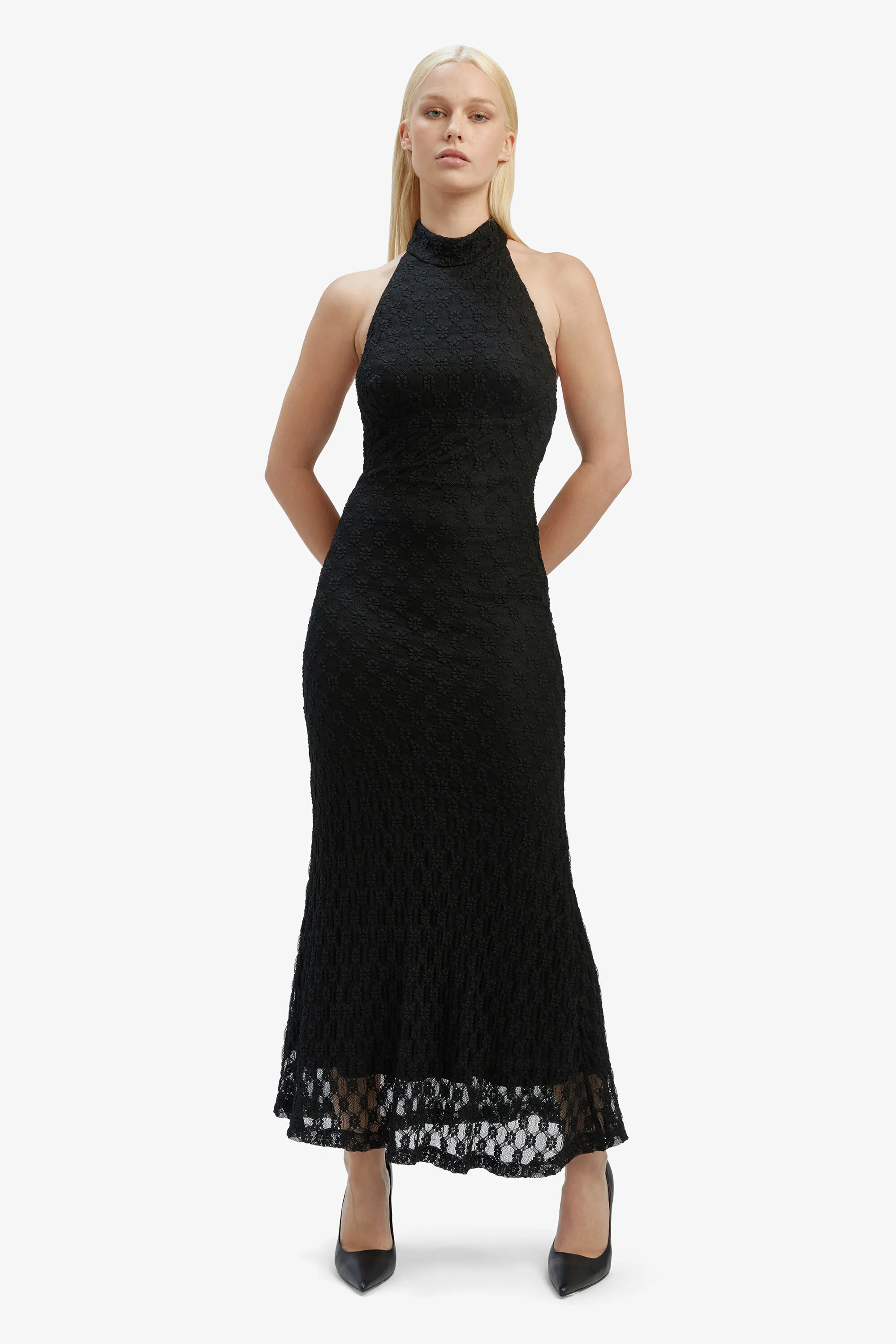 adoni ola lace midi dress in black