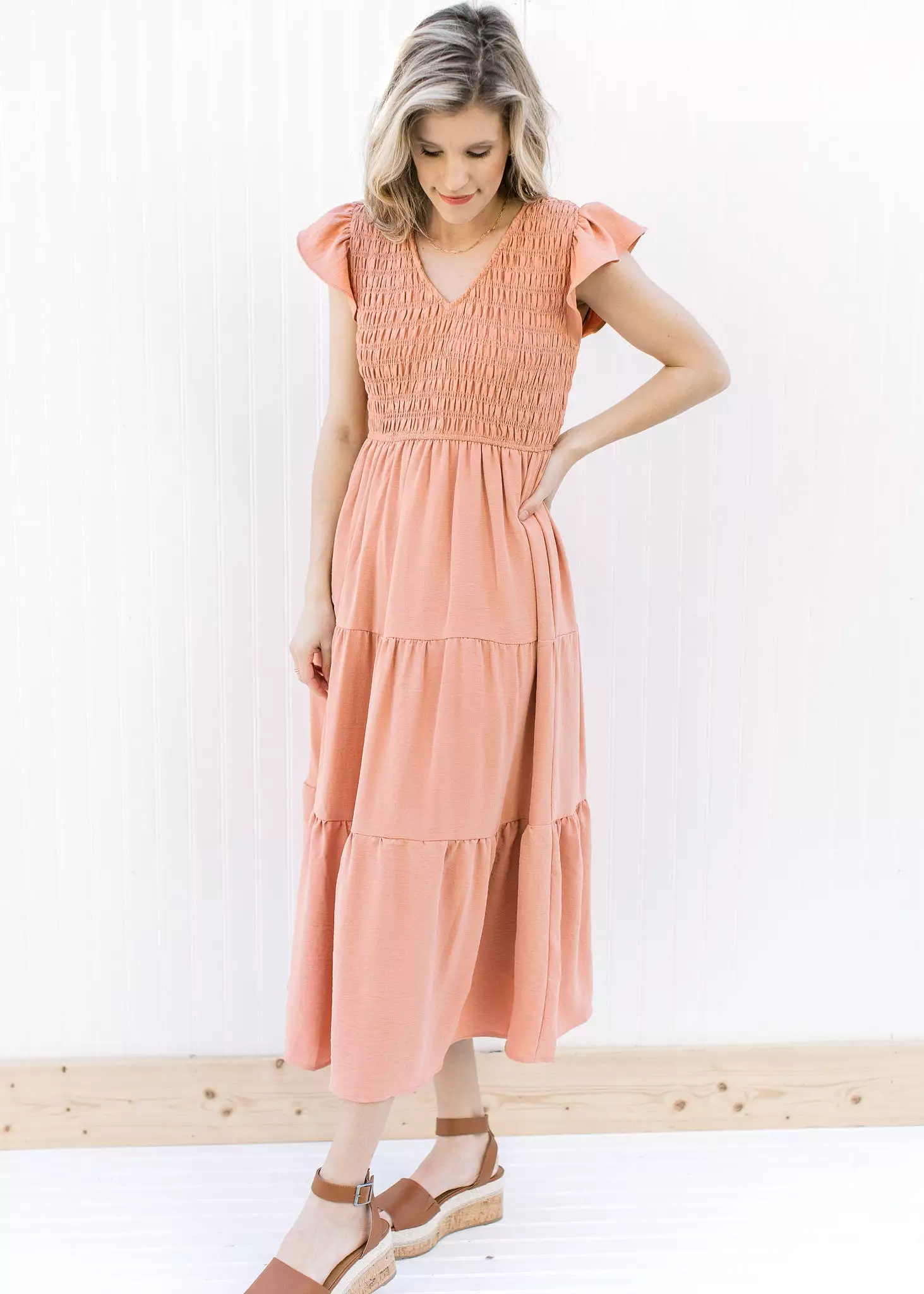 Apricot Smocked Midi Dress