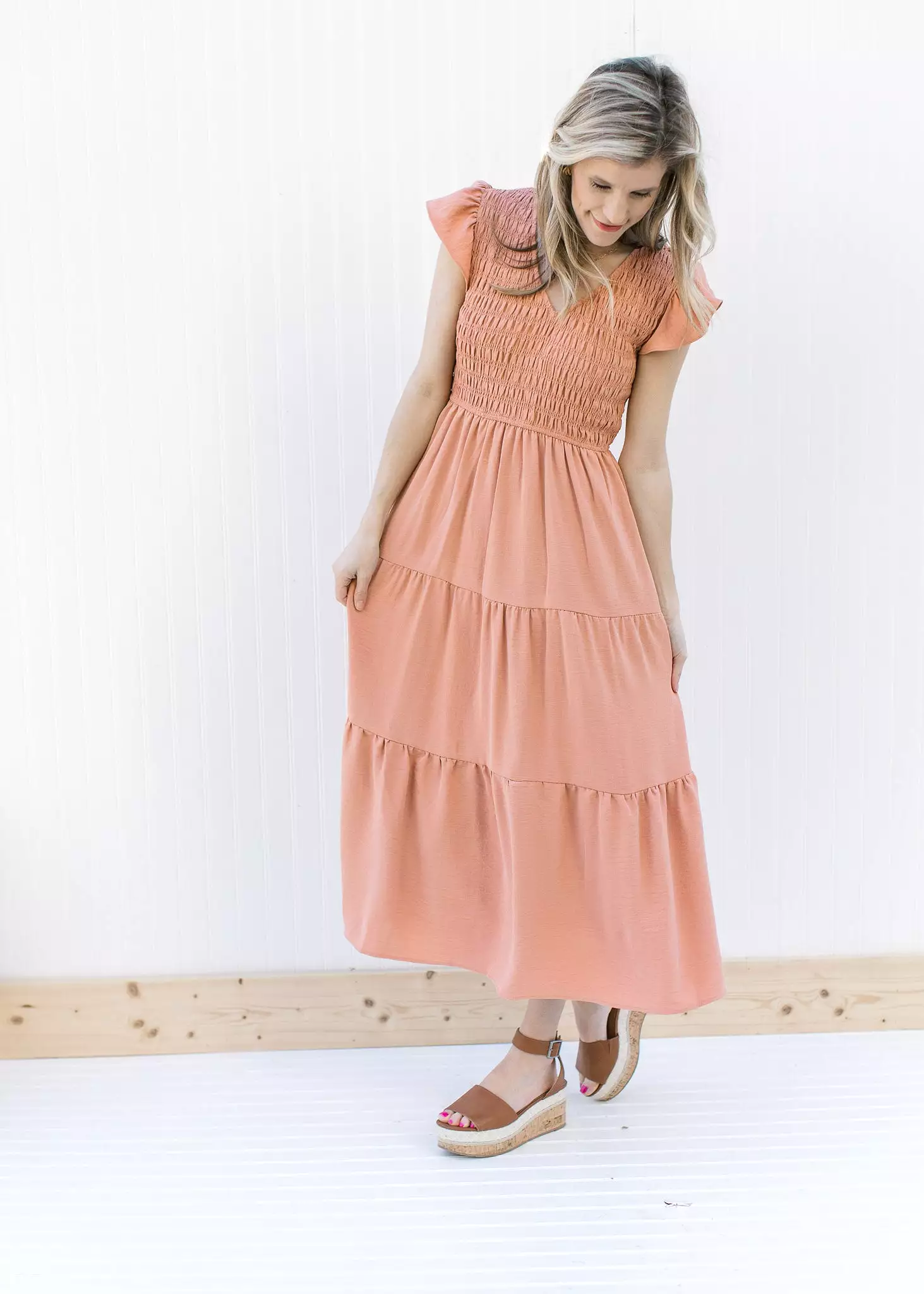 Apricot Smocked Midi Dress