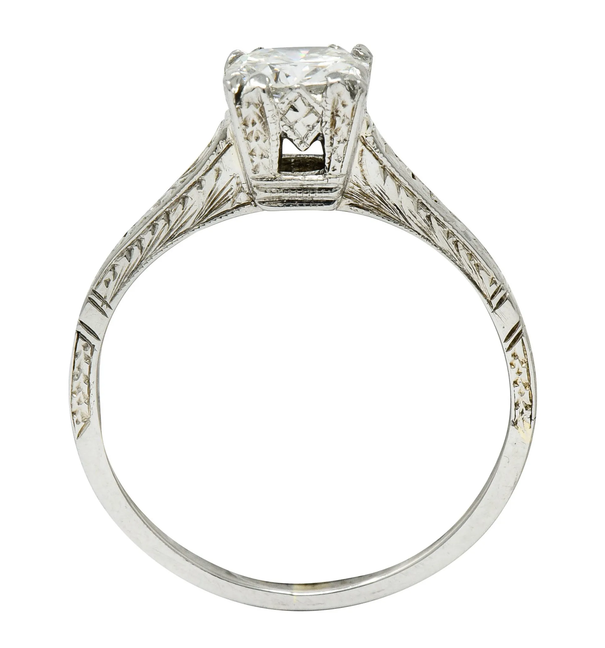 Art Deco 0.53 CTW Diamond 18 Karat White Gold Engraved Engagement Ring