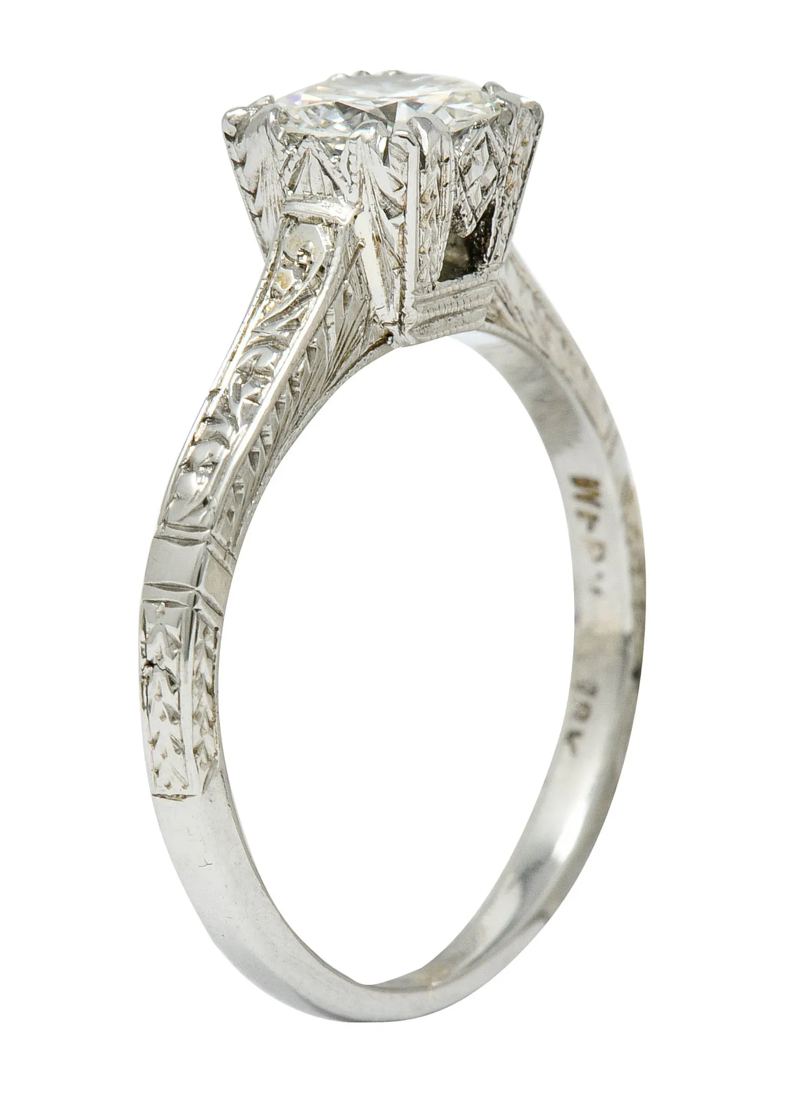 Art Deco 0.53 CTW Diamond 18 Karat White Gold Engraved Engagement Ring