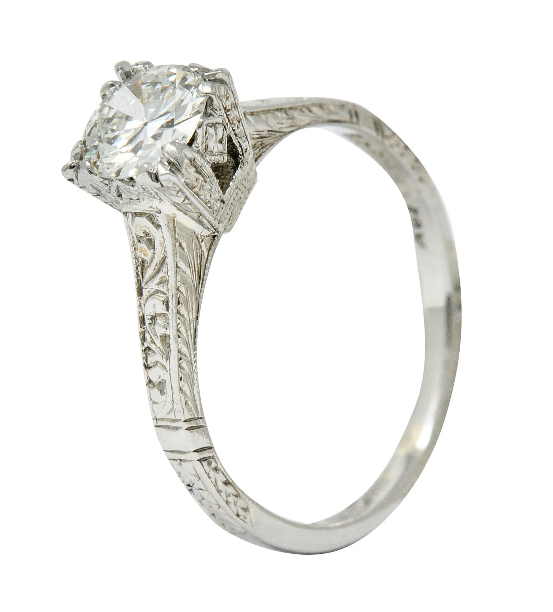 Art Deco 0.53 CTW Diamond 18 Karat White Gold Engraved Engagement Ring