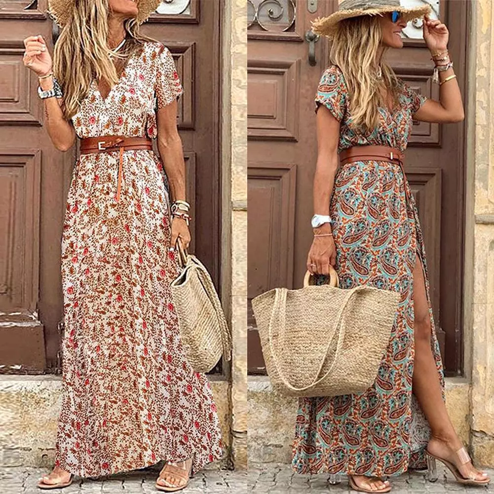 Ashore Shop Womens Boho Long Dress Fashion Paisley Print  V Neck Short Sleeve Dresses Summer Belt Large Hem Beach Dress Elegant 