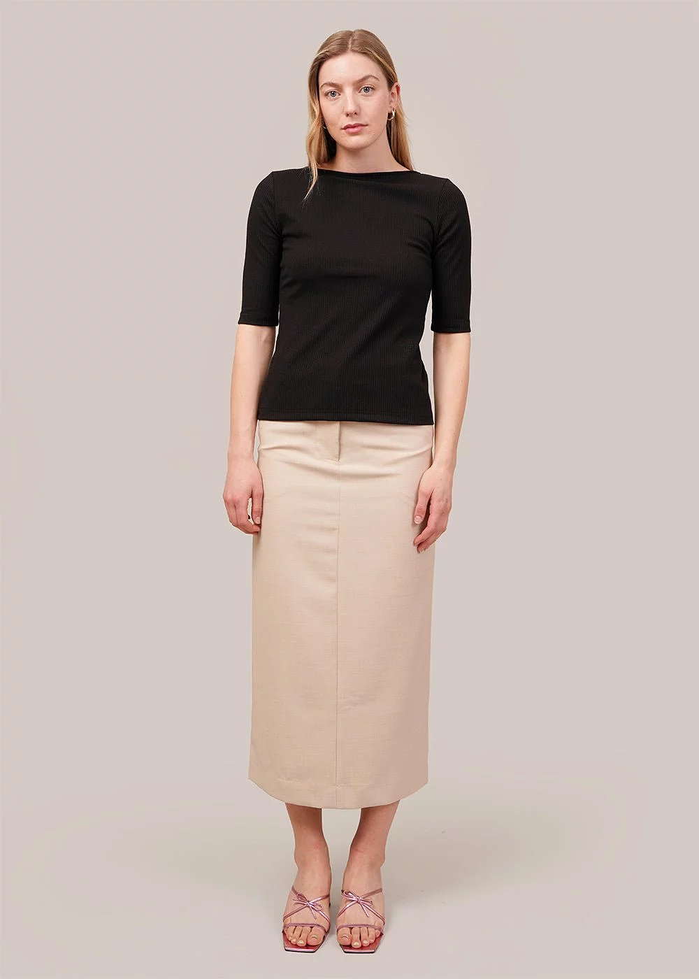 Beige Split Back Midi Skirt