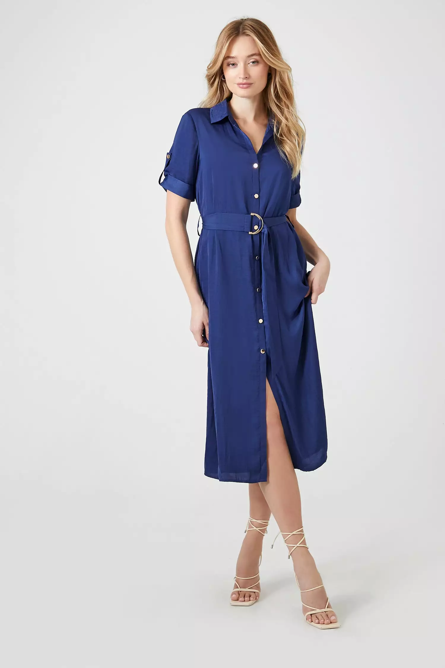 Belted Satin Shirt Midi Dress