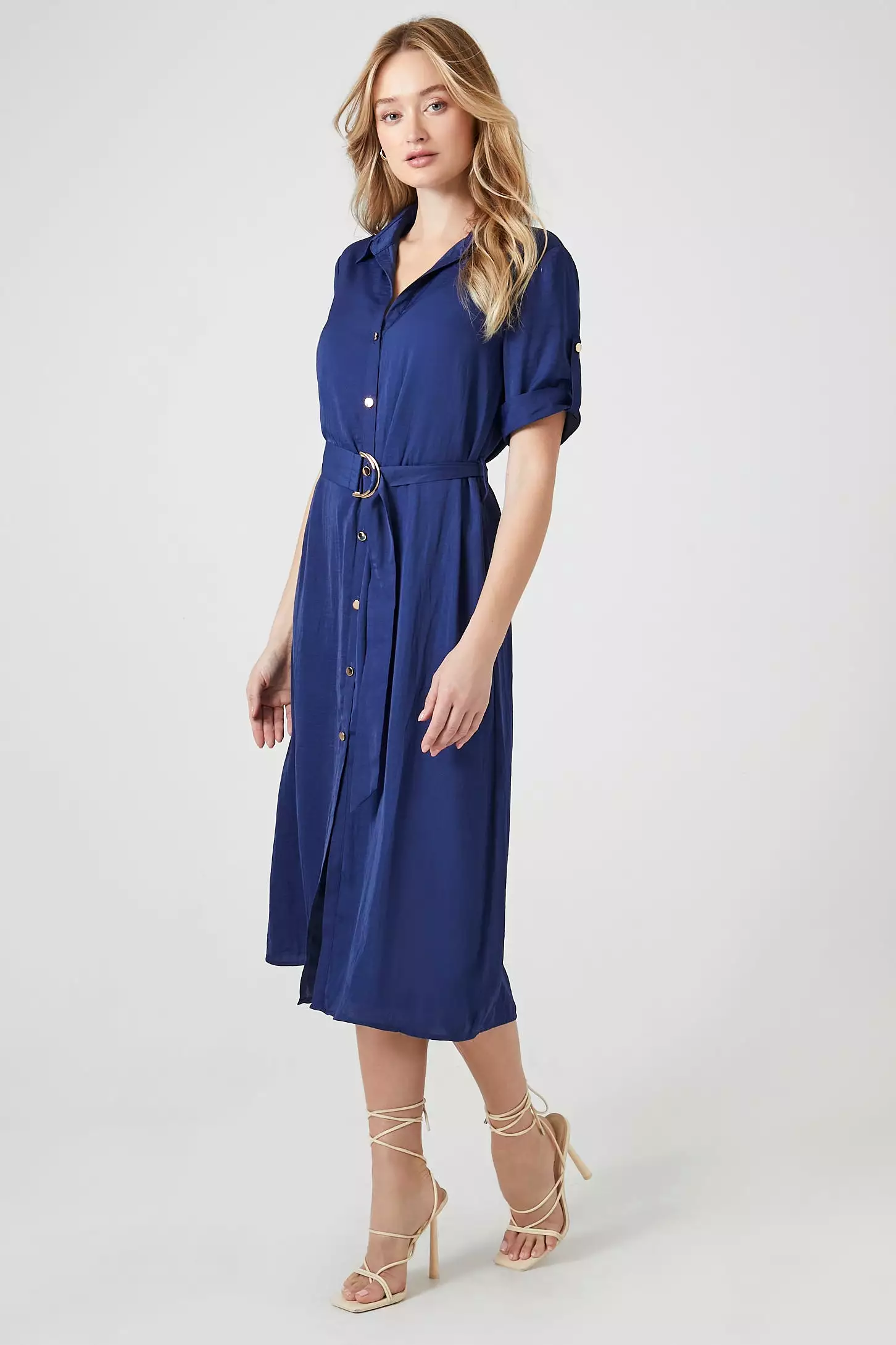 Belted Satin Shirt Midi Dress