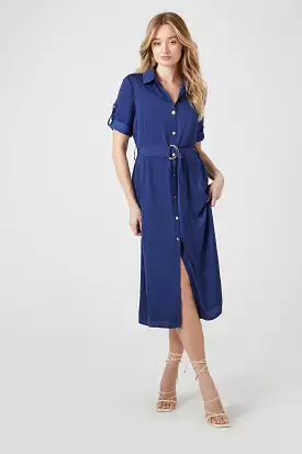 Belted Satin Shirt Midi Dress