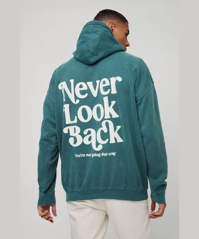 boohoo Mens Oversized Never Look Back Graphic Washed Hoodie