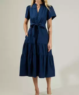 Britt Poplin Tiered Midi Dress - Navy