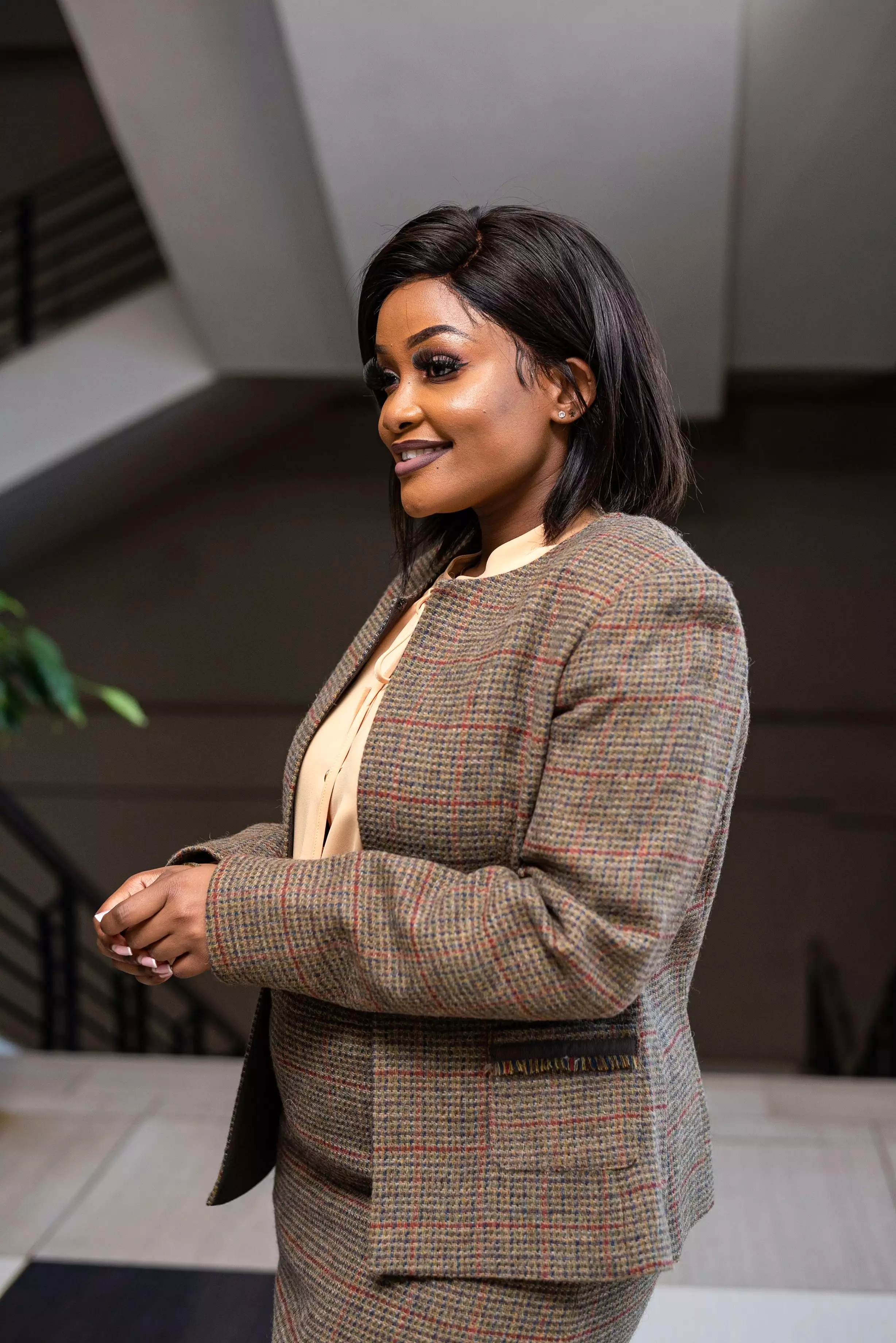 Brown checked skirt suit