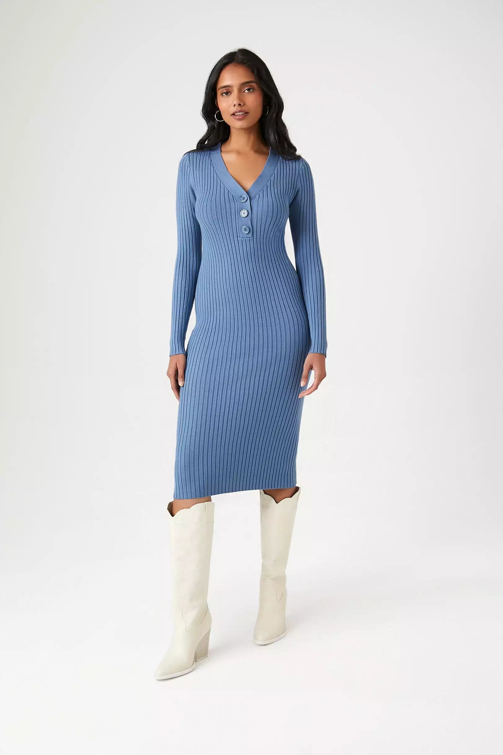 Button-Front Midi Sweater Dress