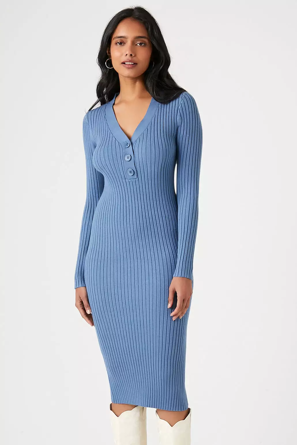 Button-Front Midi Sweater Dress