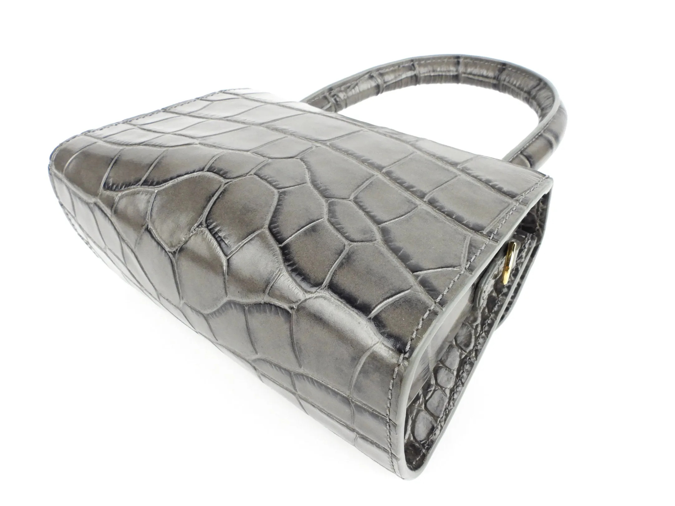 By Far Grey Croc Embossed Leather Mini Top Handle Two Way Shoulder Bag