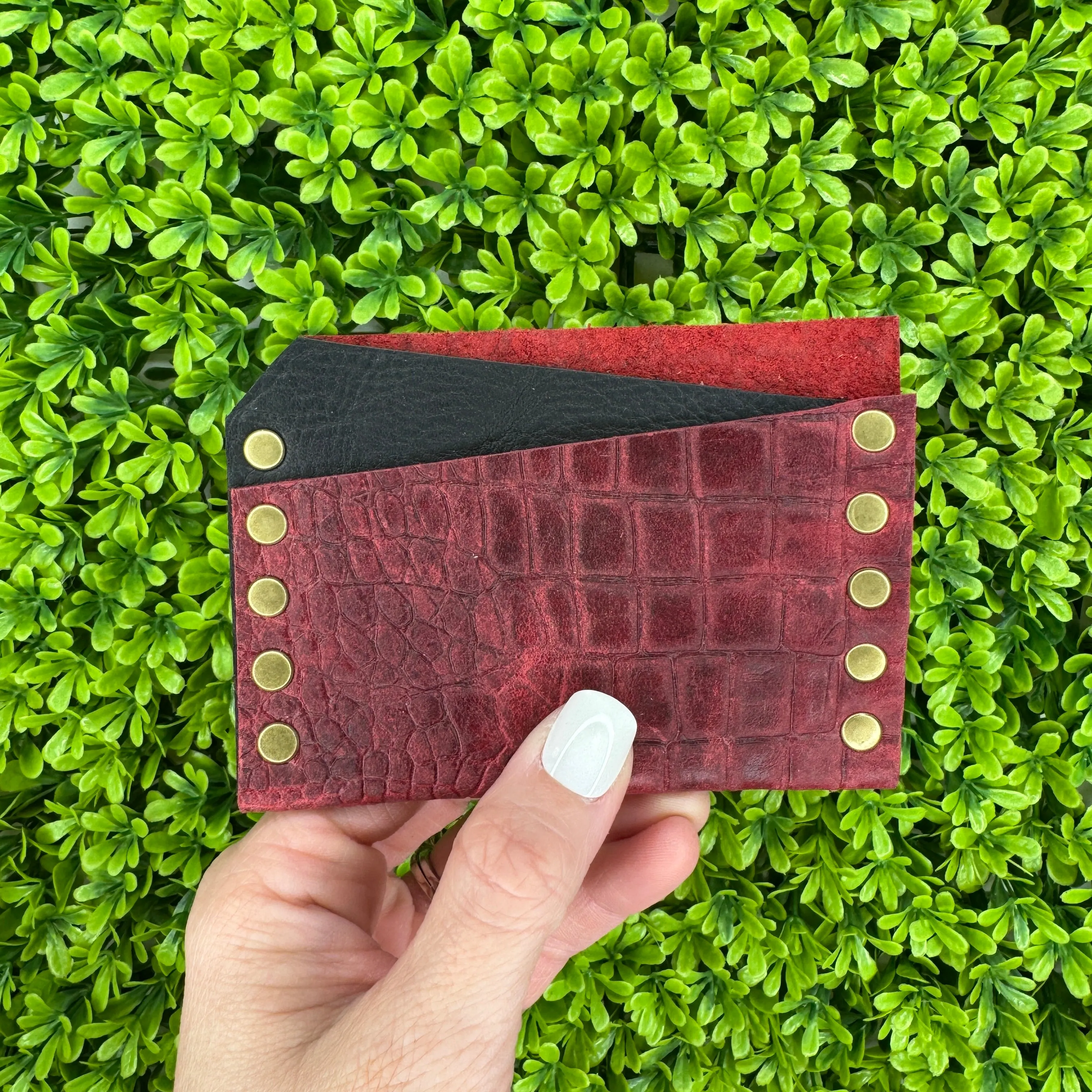 Card Wallet - Red Croc Embossed w Brass