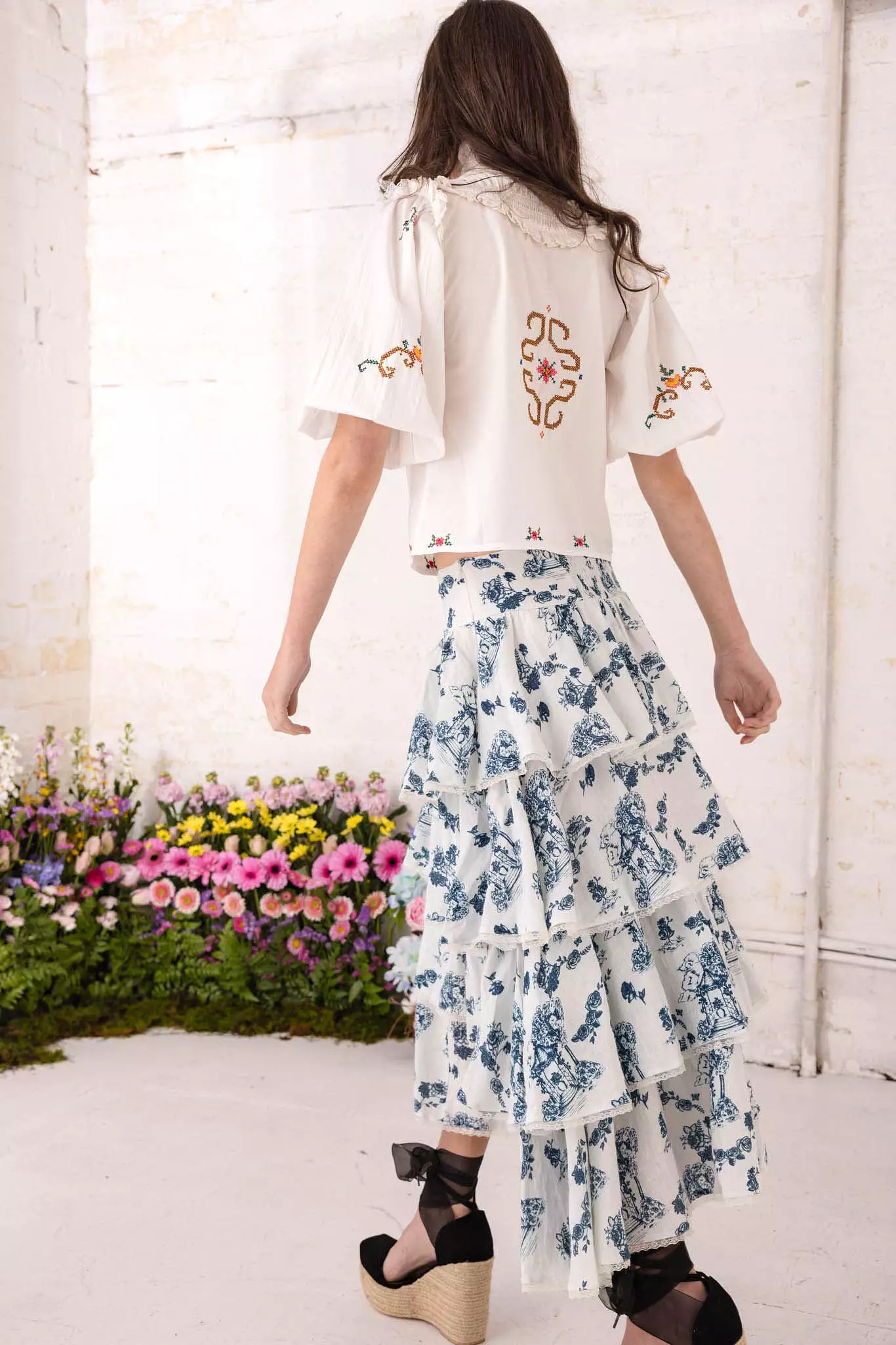 Cascading Midi Skirt - Gazebo Toile Estate Blue