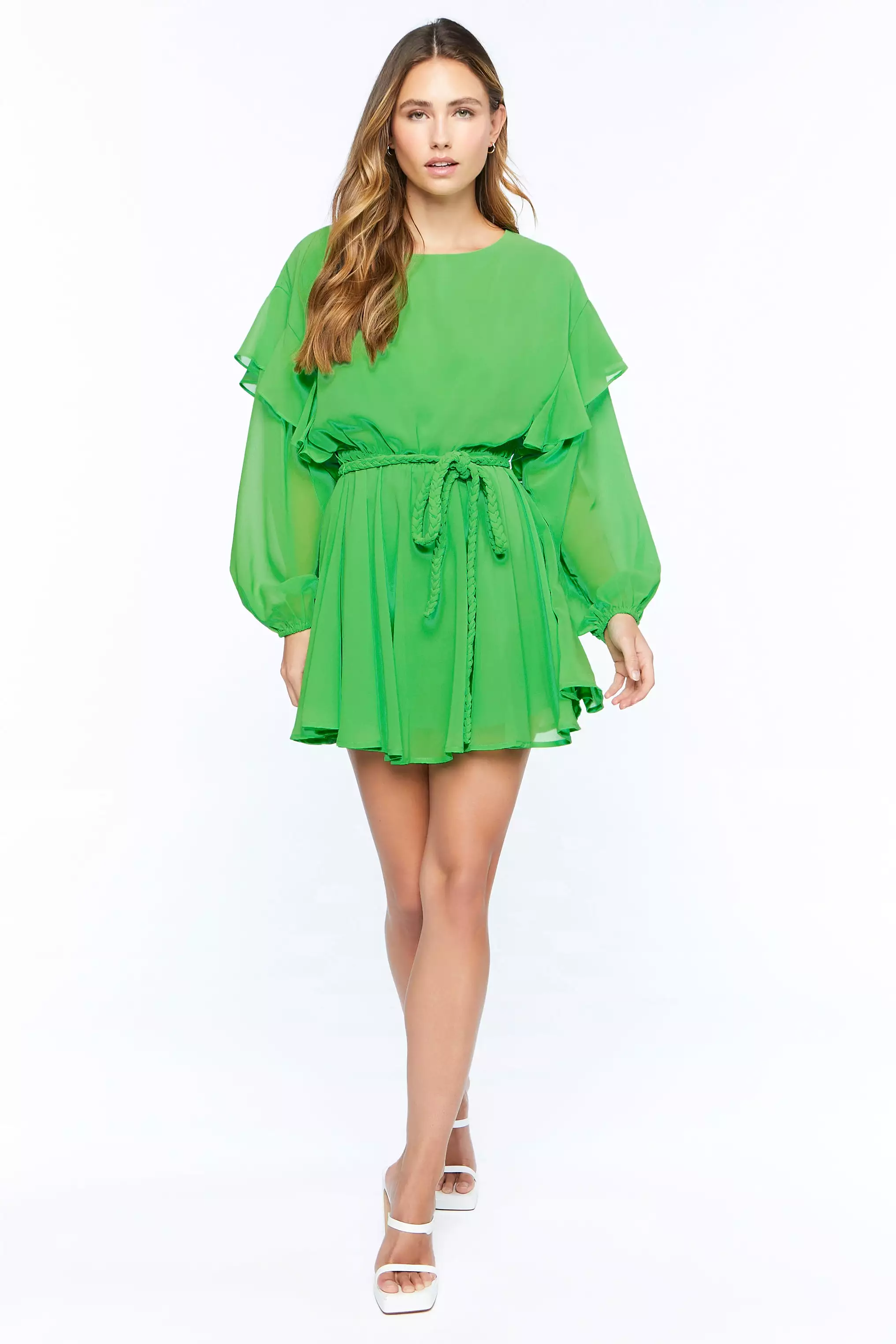 Chiffon Belted Flounce Mini Dress