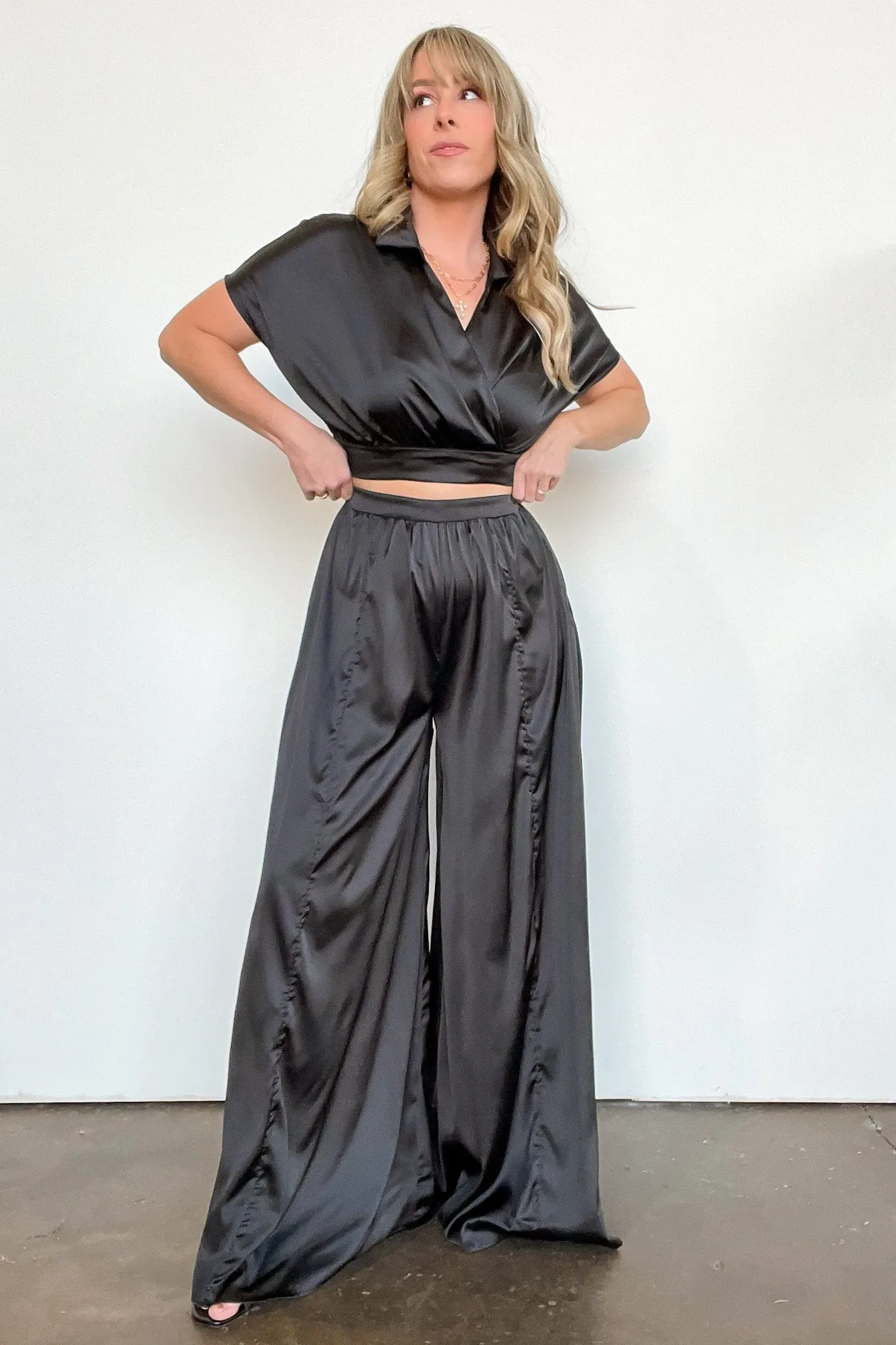 Coy Perfection Flowy Satin Wide Leg Pants - FINAL SALE