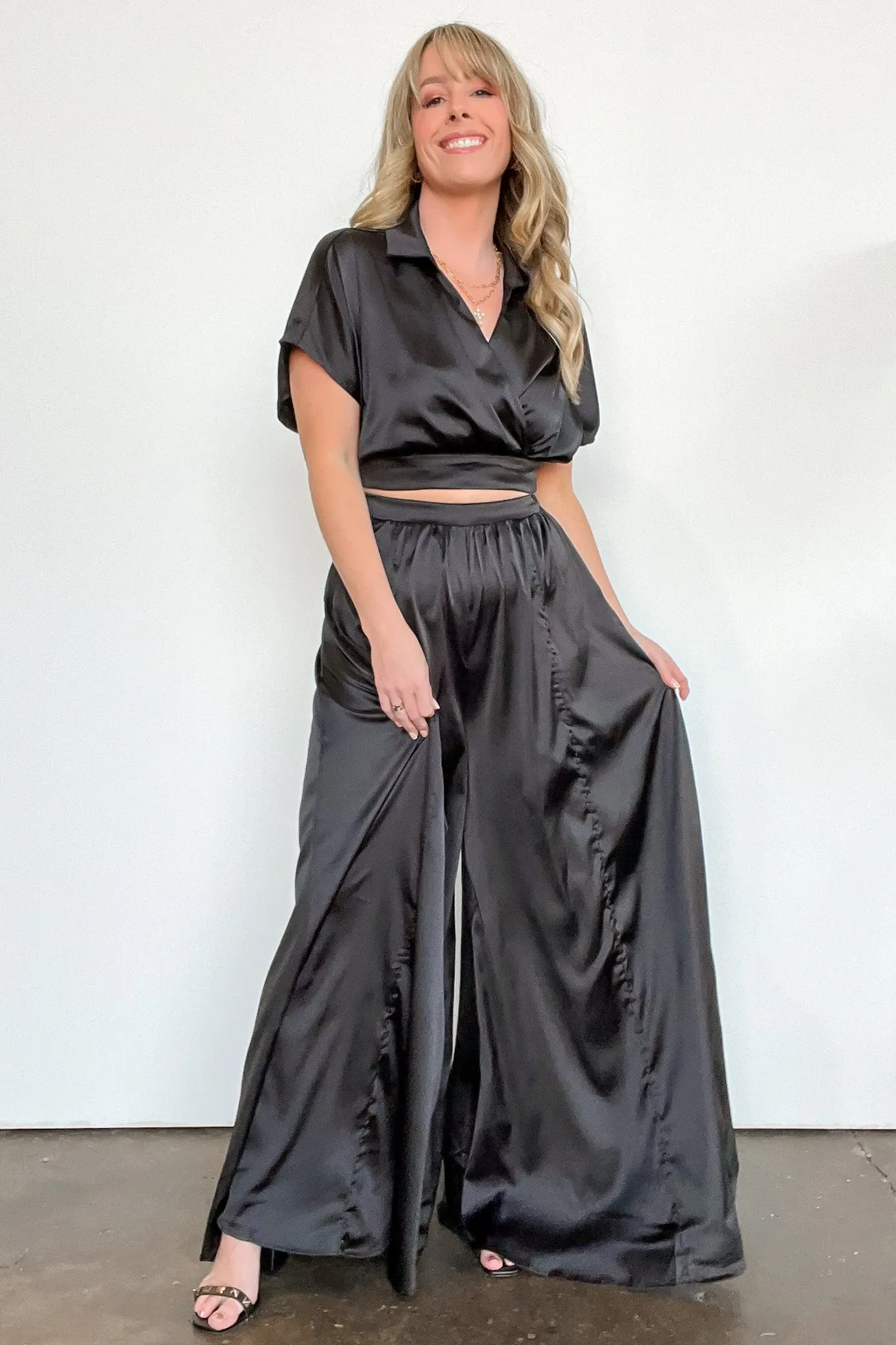 Coy Perfection Flowy Satin Wide Leg Pants - FINAL SALE