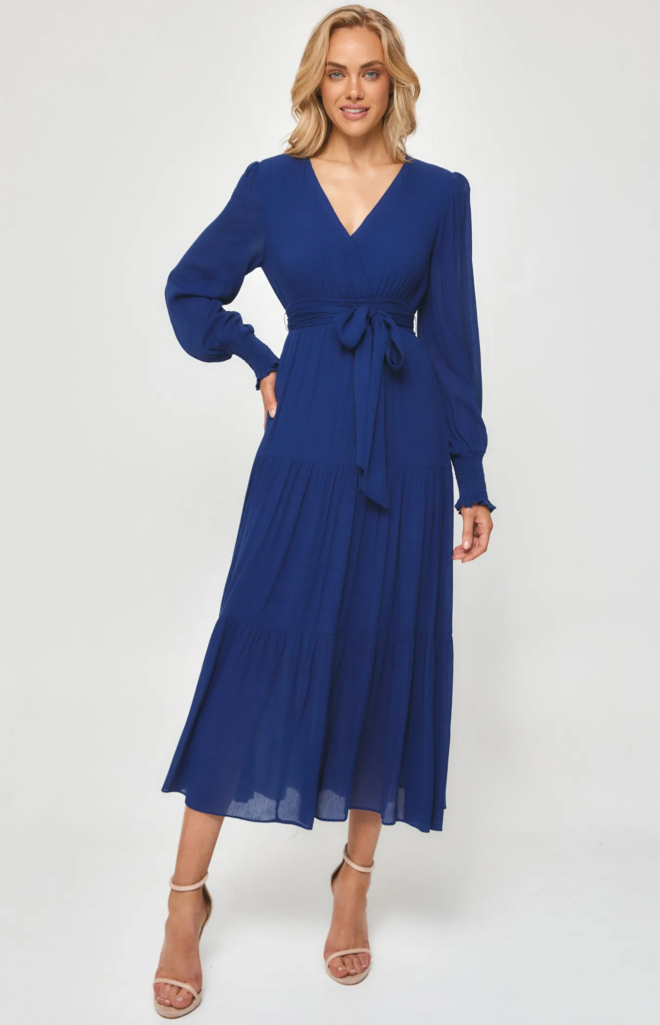 Crepe Maxi Dress with Shirred Waist and Tiered Hem (SDR1199A) 