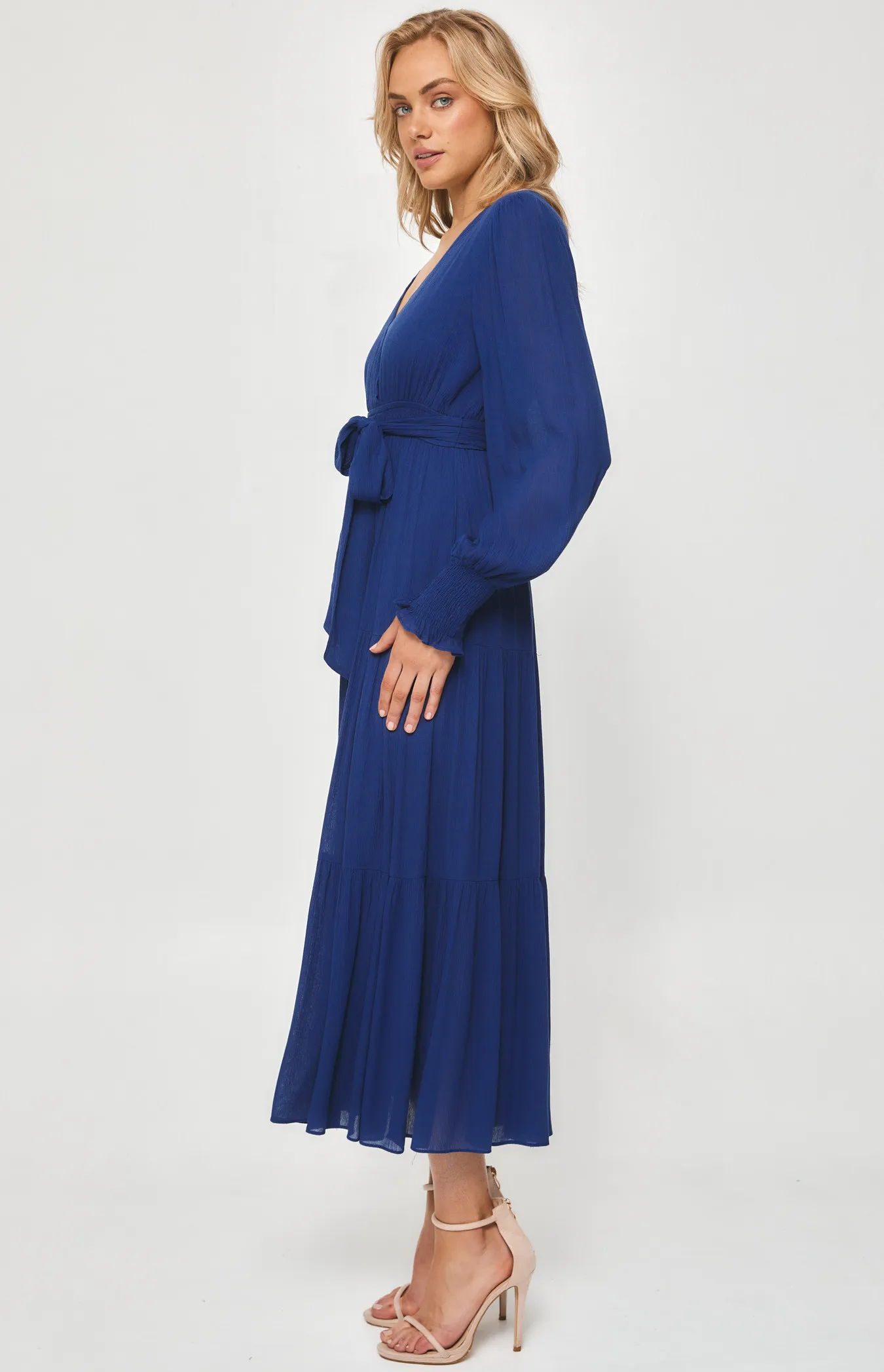 Crepe Maxi Dress with Shirred Waist and Tiered Hem (SDR1199A) 