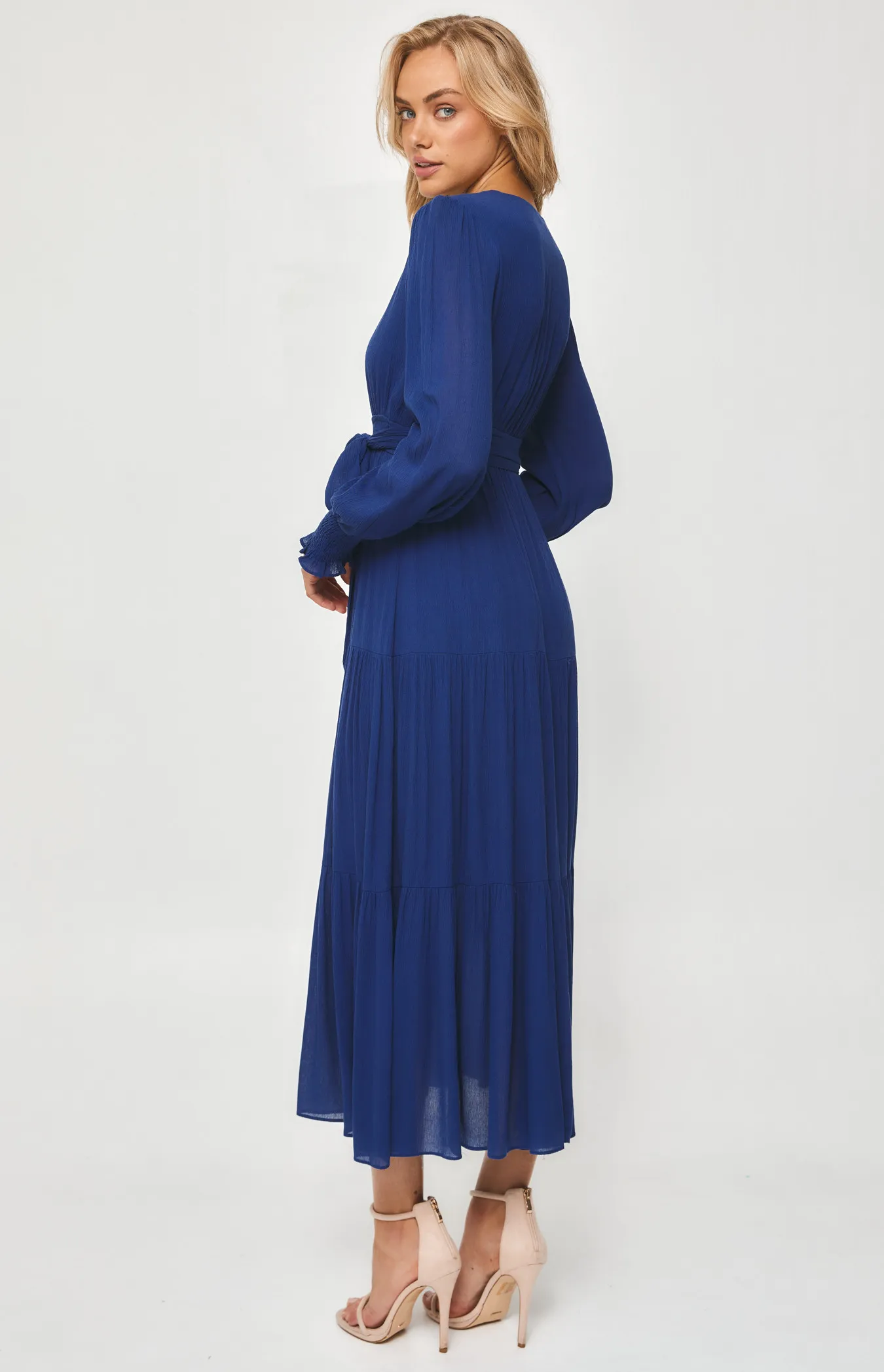 Crepe Maxi Dress with Shirred Waist and Tiered Hem (SDR1199A) 