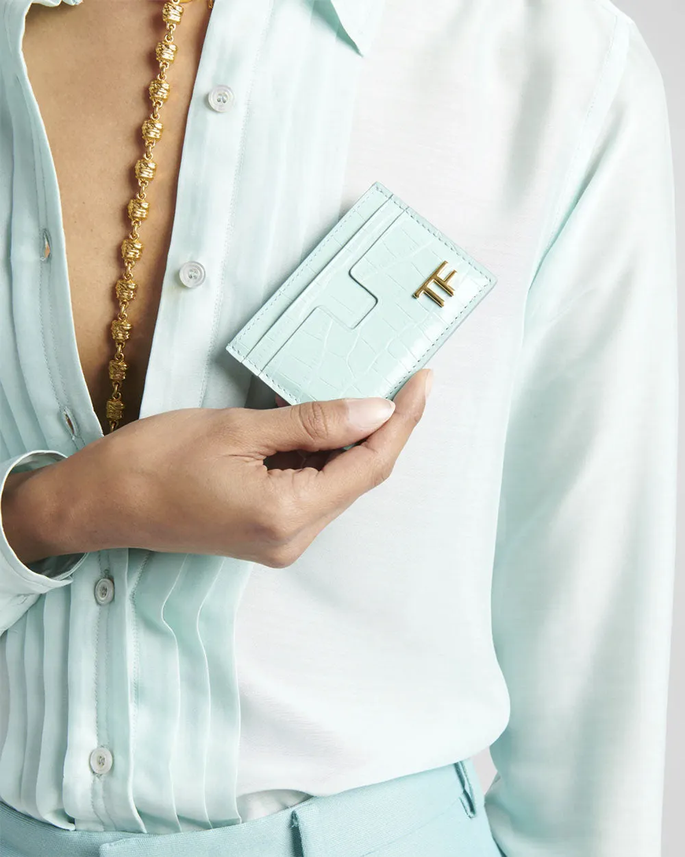 Croc-Embossed Leather Card Holder in Pastel Turquoise