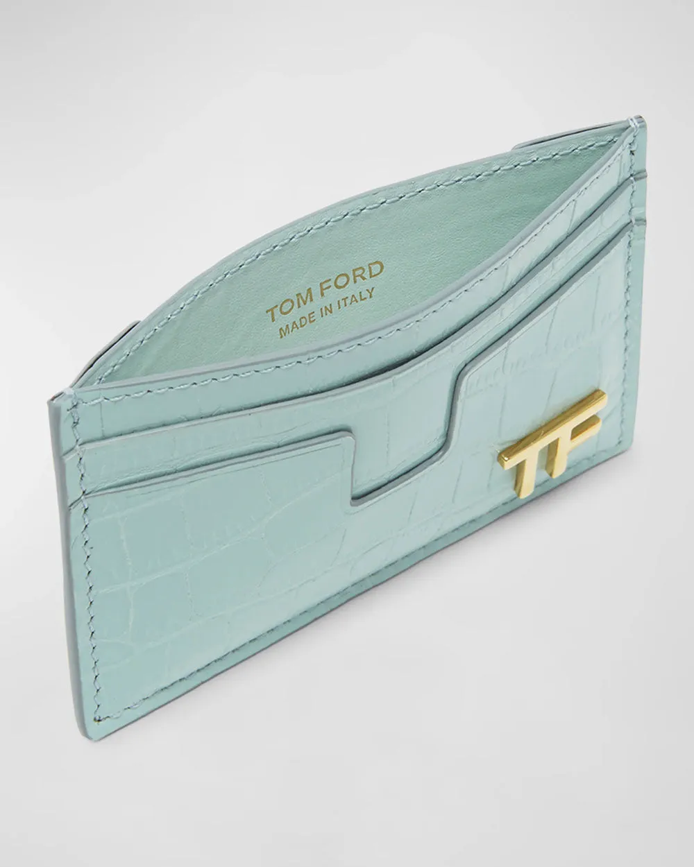 Croc-Embossed Leather Card Holder in Pastel Turquoise