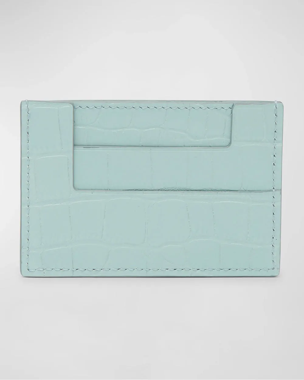 Croc-Embossed Leather Card Holder in Pastel Turquoise