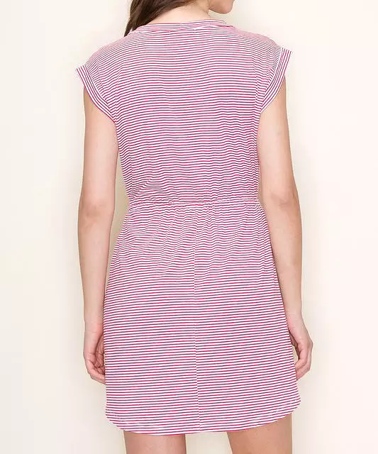 Drawstring Waist Stripe Dress -  Ivory/Fuchsia