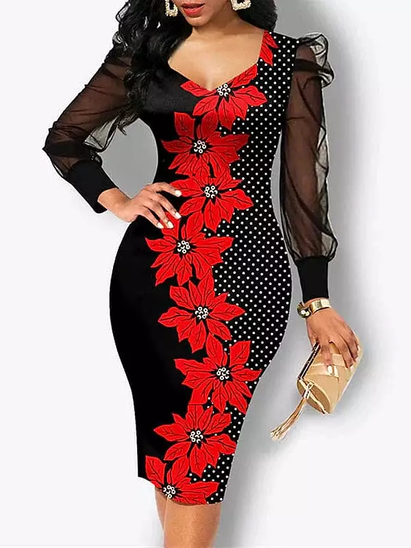 Elegant Floral Black Pink Red Midi Sheath Dress