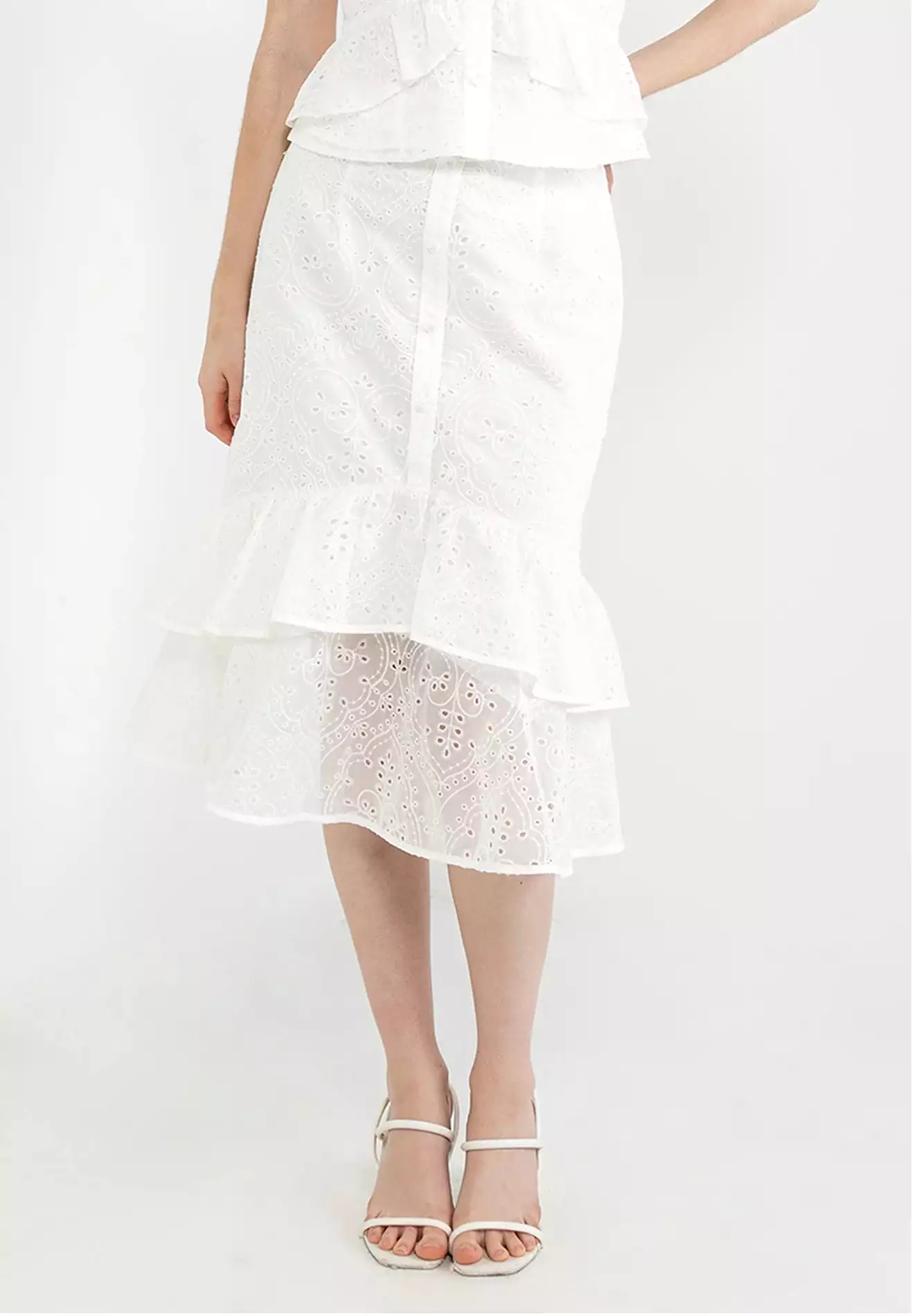 ELLE Apparel Blossom ETiered Broderie Organza Midi Skirt