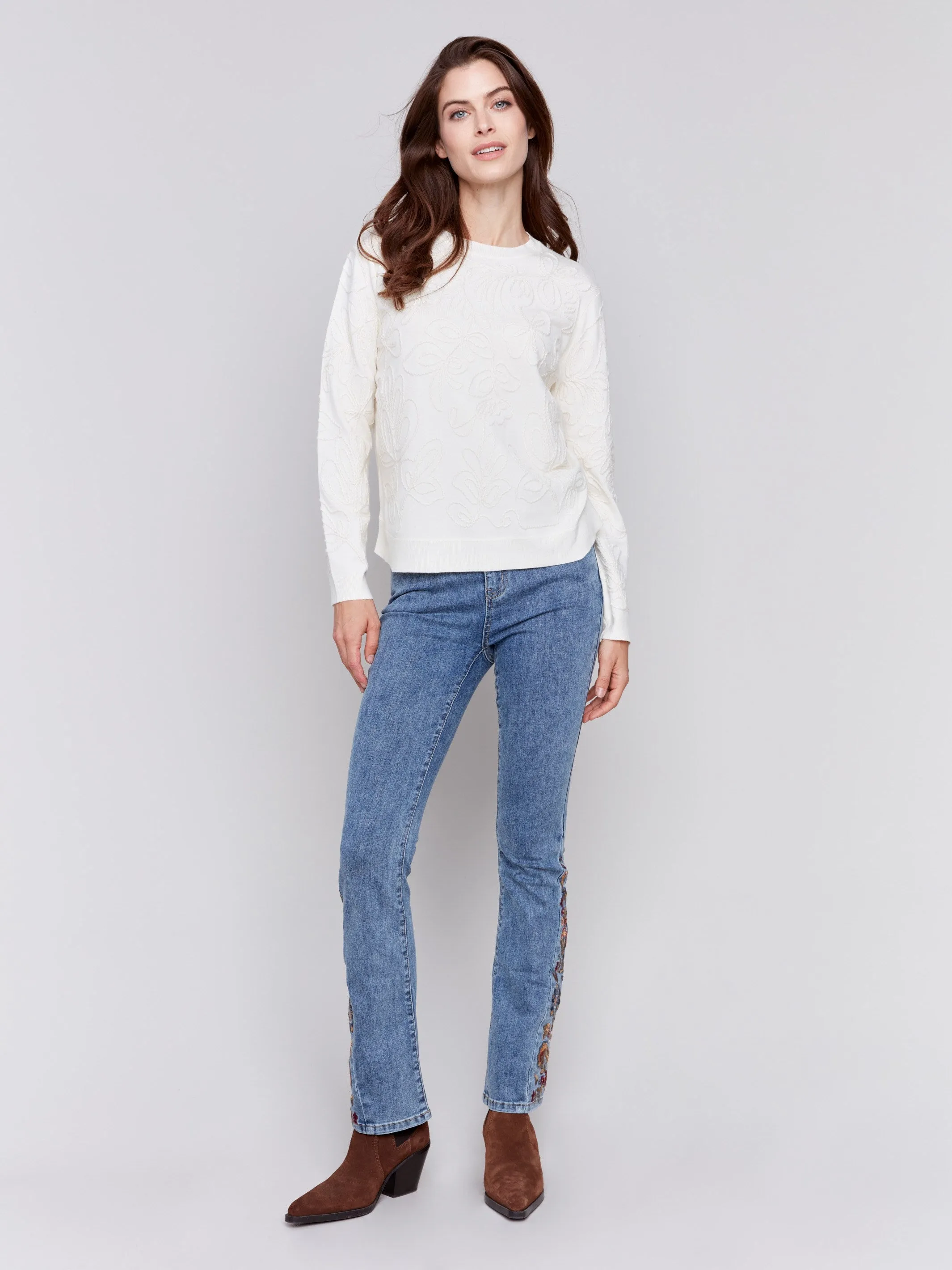 Embroidered Round Hem Sweater - Ecru