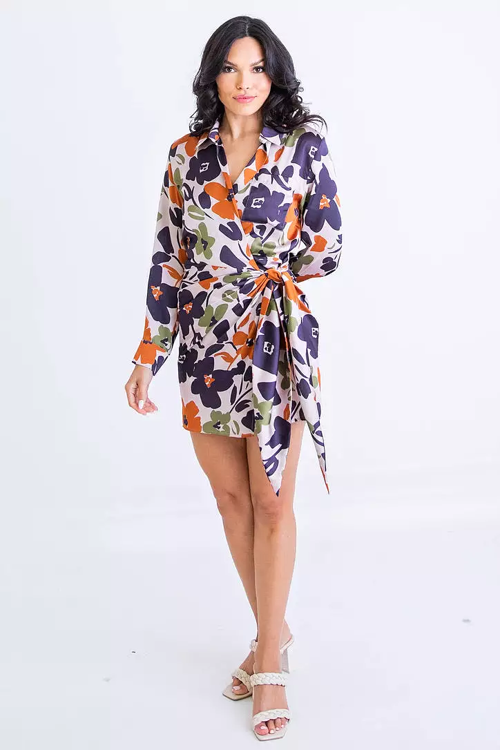 Floral Satin Wrap Dress