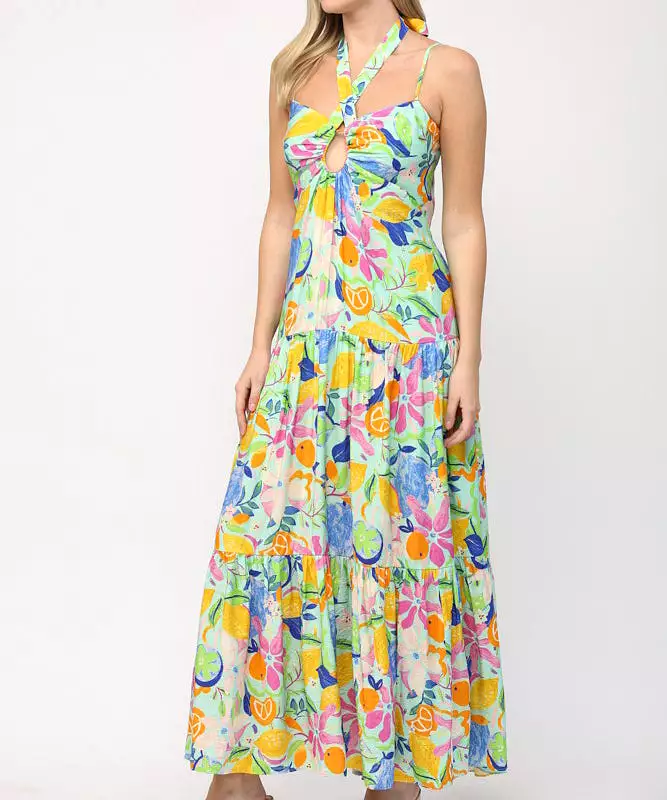 Front Keyhole Back Tie Maxi Dress - Aqua Multi