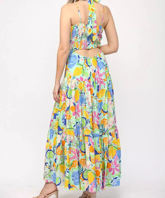 Front Keyhole Back Tie Maxi Dress - Aqua Multi