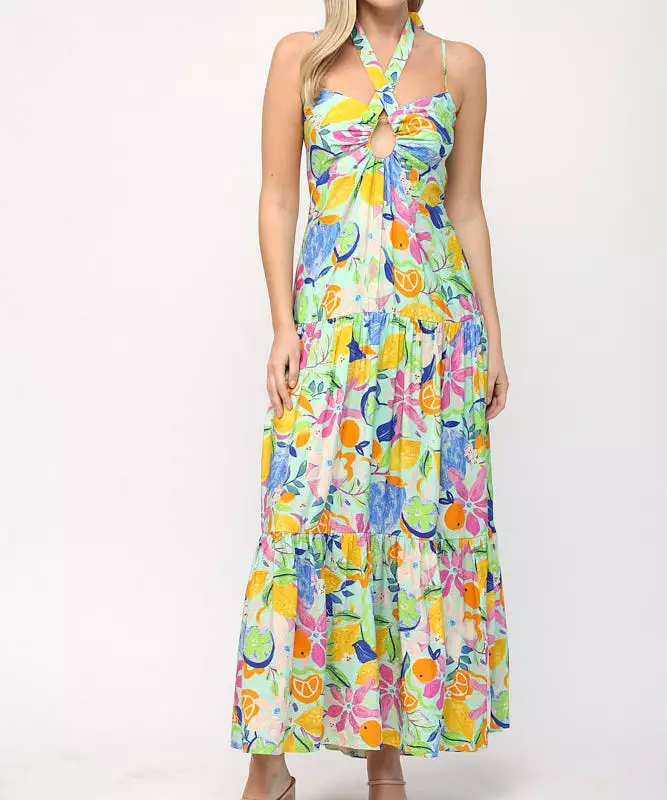 Front Keyhole Back Tie Maxi Dress - Aqua Multi