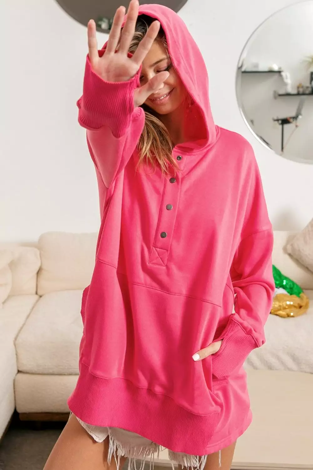 Fuchsia Half Snap Thumbhole Long Sleeve Hoodie