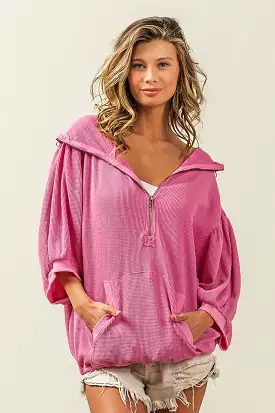 Fuchsia Waffle-Knit Half Zip Hooded Top