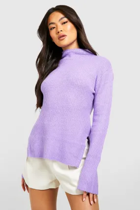 Funnel Neck Knitted Sweater With Wide Sleeve