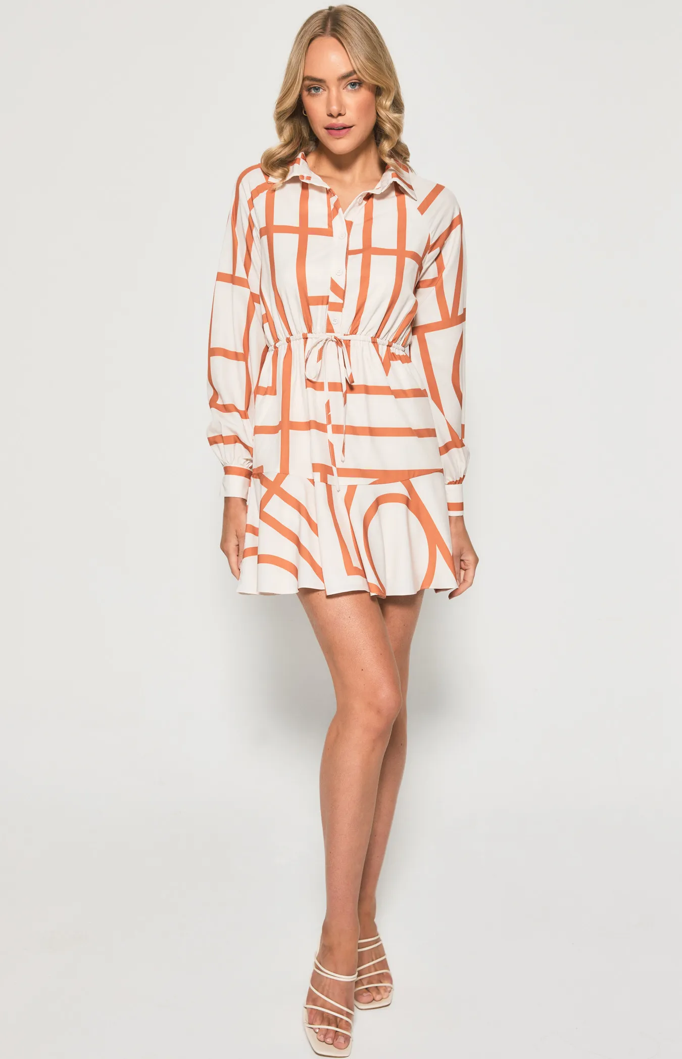 Geometric Shirt Dress with Drawstring Waist (SDR1172-2B)