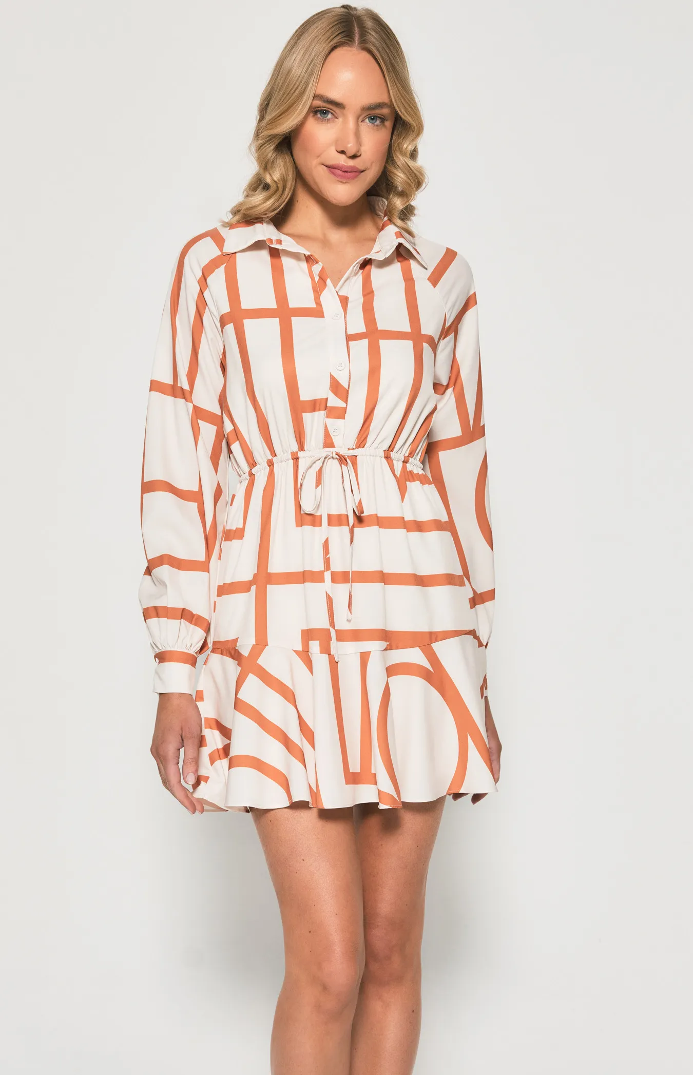 Geometric Shirt Dress with Drawstring Waist (SDR1172-2B)